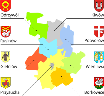 Mapa powiatu przysuskiego wraz z granicami i herbami gmin.